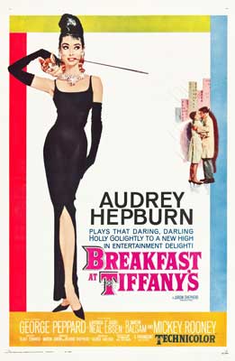 Breakfast at Tiffany's Movie Poster with image of person in long black dress and black gloves with long smoking holder