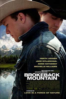 Brokeback Mountain Movie Poster with image of two men in jean jackets and cowboy hats