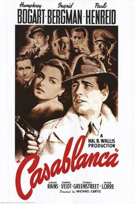 Casablanca Movie Poster with red title and sepia toned black and white images of people with person up front holding a gun and wearing a hat