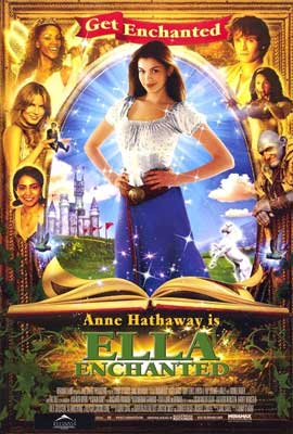 Ella Enchanted Movie Poster with person in white top and blue bottom radiating light with open storybook
