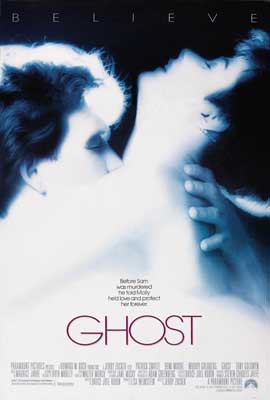 Ghost Movie Poster with two people embraced and kissing with very white, surreal skin