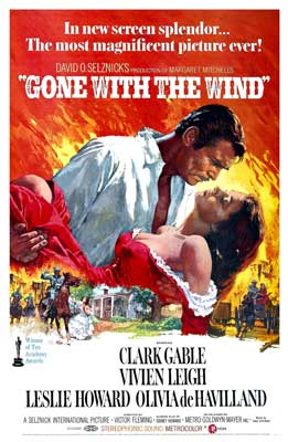 Gone With the Wind Movie Poster with red and yellow fire like colors between a man dipping a woman in red dress