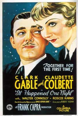 It Happened One Night Movie Poster with illustrated two people in black suits and ties and one is looking forward while the other is looking at them