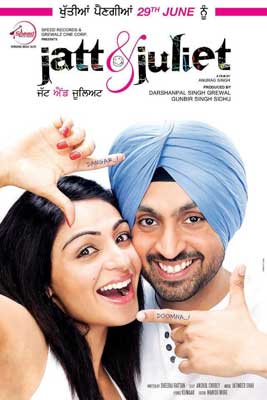 Jatt & Juliet Movie Poster with two people posing with heads together and fingers in sideways "L" shapes with writing on them