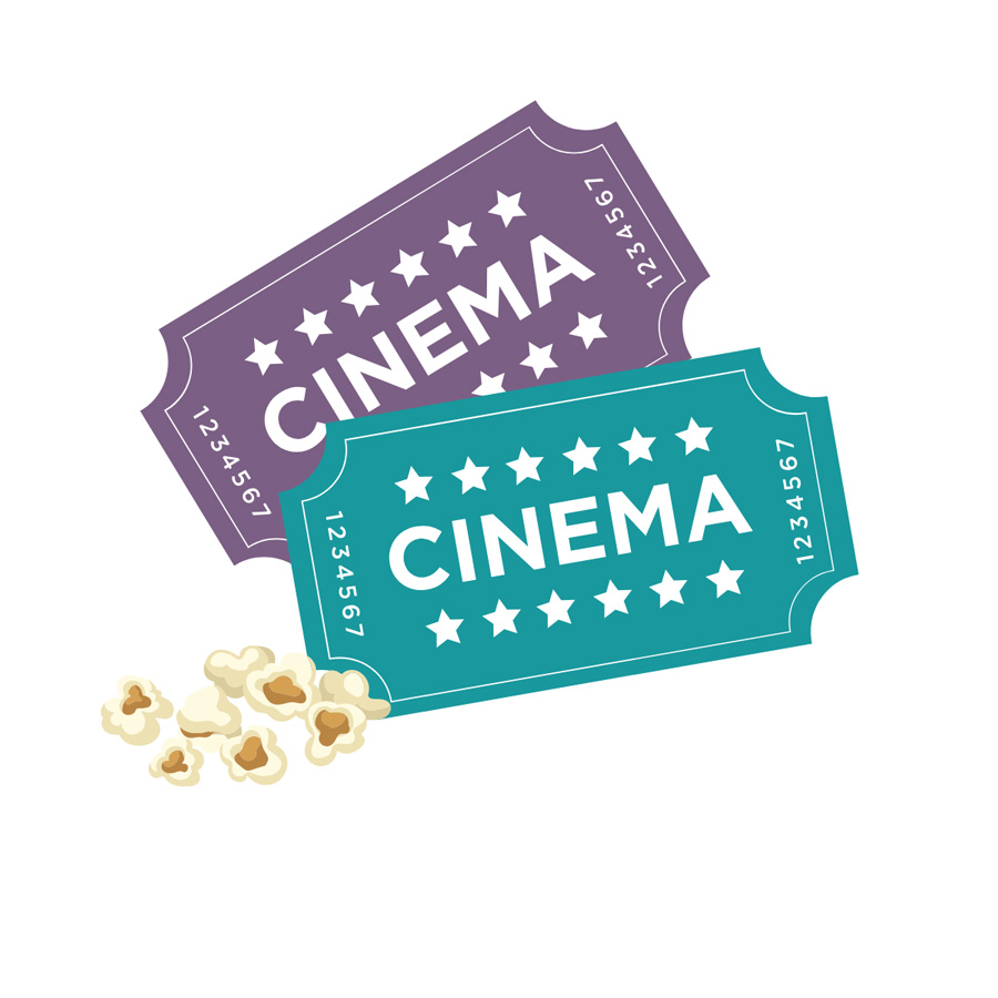 Icons of two movie tickets, one purple and one turquoise with popcorn