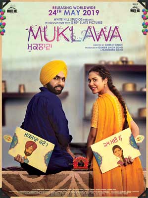 Muklawa Movie Poster with two people, one in yellow and one in blue, turning around the look at viewer