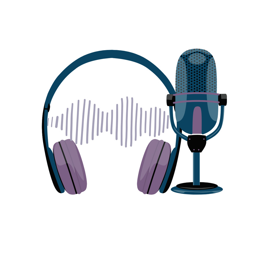 Icon with purple and blue headphones and microphone