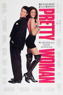 Pretty Woman Movie Poster with man in suit and woman in high black boots and pink top with black shorts standing back to back