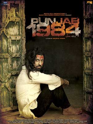 Punjab 1984 Movie Poster with person sitting on ground with red on their head in white shirt and pants
