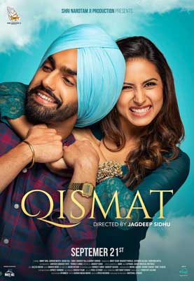 Qismat Movie Poster with image of two people with one's arm locked around the other's neck playfully