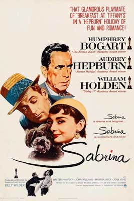Sabrina Movie Poster with image of three white heads from different movie characters and black, fluffy dog