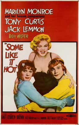 Some Like it Hot Movie Poster with image of three people hugging and one is in a black dress while the others are wearing blue and yellow tops