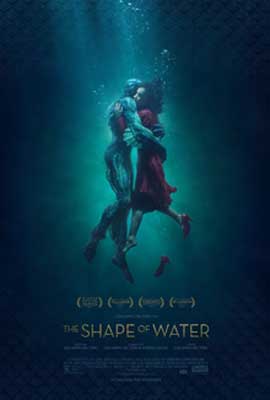 The Shape of Water Movie Poster with serpent like person and another person in red dress under water