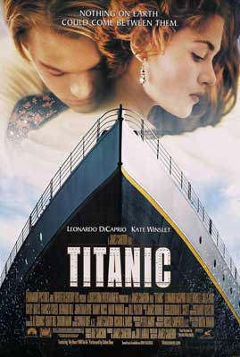 Titanic Movie Poster with image of ship and two people above it with his head resting over her shoulder
