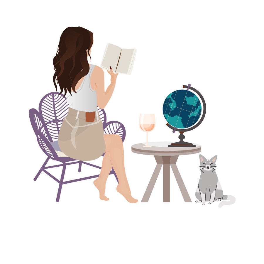 Graphic of white brunette woman in chair reading next to gray and white cat with pink wine on table and globe of the world