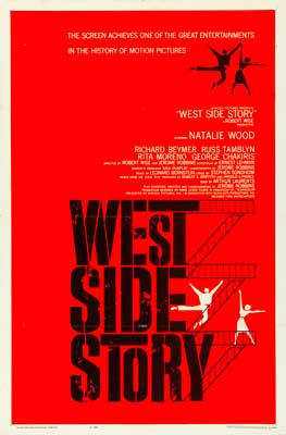 West Side Story Movie Poster with red background and illustrated people on staircases typically seen outside city apartment buildings