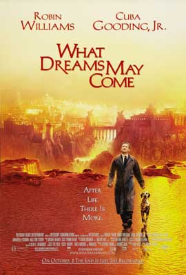 What Dreams May Come Movie Poster with man walking through red, orange, and yellow hellscape