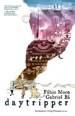 Daytripper by Fábio Moon and Gabriel Bá with illustrated cover over person with dog on a bench and cityscape in thought-like bubble