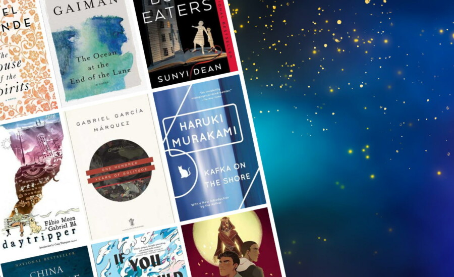 Article featured image with star-scape background with blue sky and Magical Realism Books from the article like The Ocean at the End of the Lane, Daytripper, The Book Eaters, The House of Spirits, and One Hundred Years of Solitude