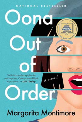 Oona Out of Order by Margarita Montimore book cover with segmented image of person's face with red lips and short brown hair