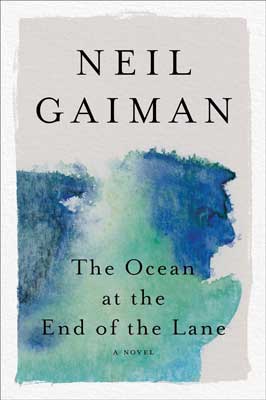 The Ocean at the End of the Lane by Neil Gaiman book cover with blue and green watercolor like design