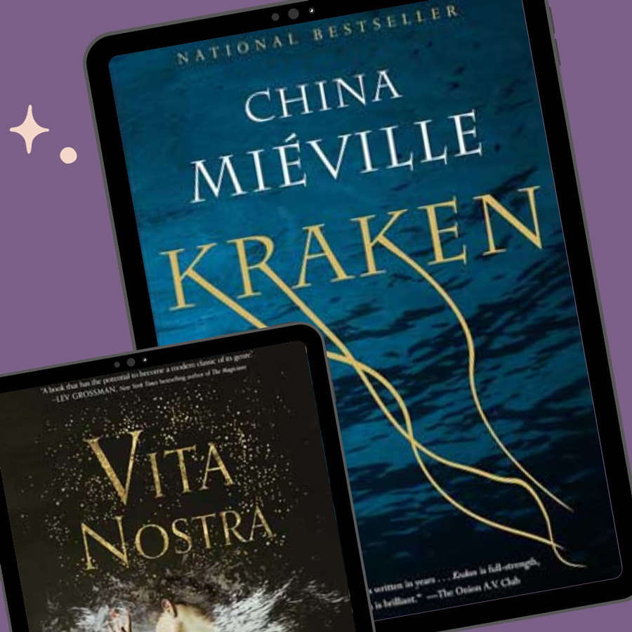 Top Magical Realism Books Canva graphic with pink stars, purple background, and two iPad images with Vita Nostra and Kraken book covers