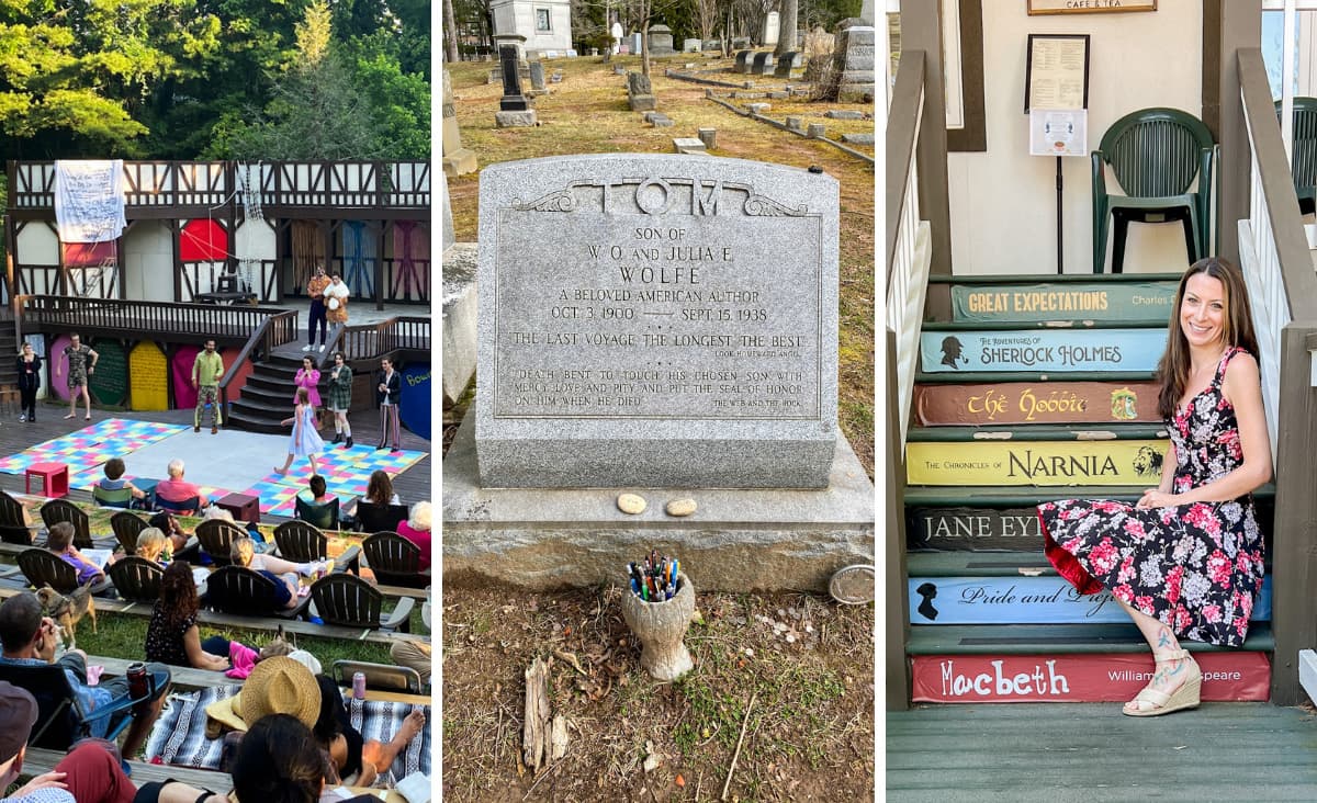 Collage of theater stage, Thomas Wolfe grave, and book steps