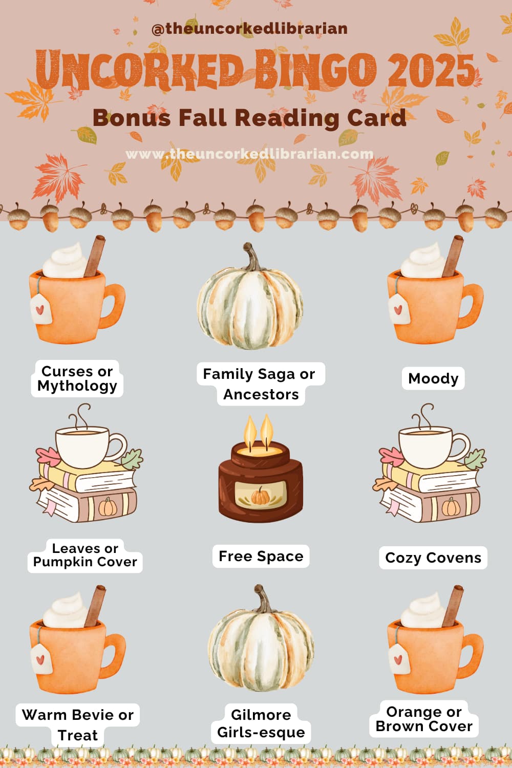 fall bingo card with reading challenge themes