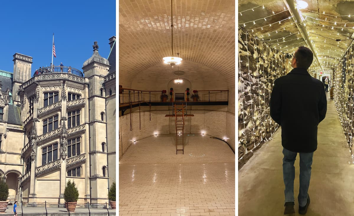 Biltmore house facade, indoor pool, and winery tunnel