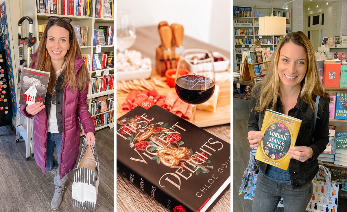 collage of Christine with books