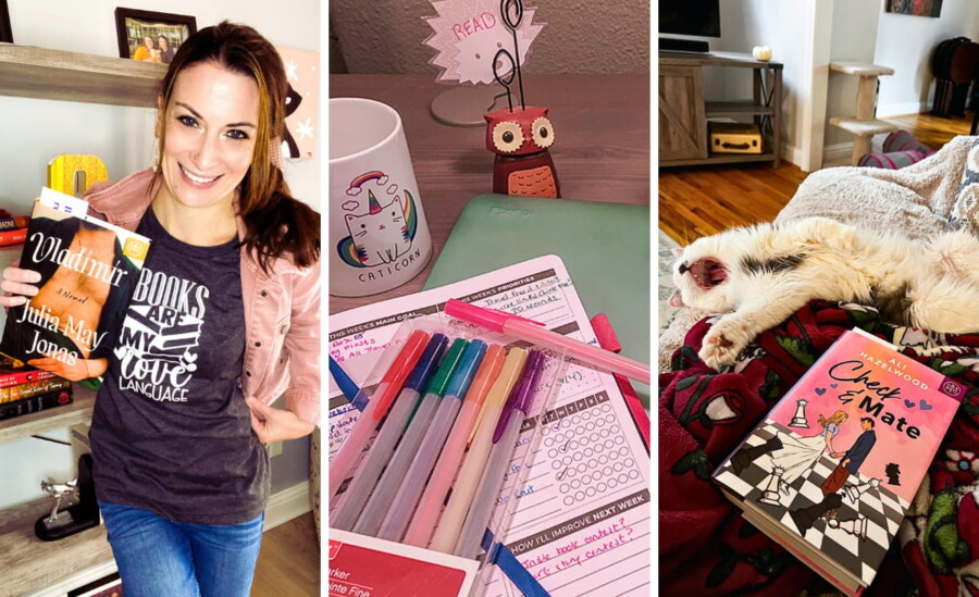 Photo collage of me, book blog post ideas planner with pens, and cat