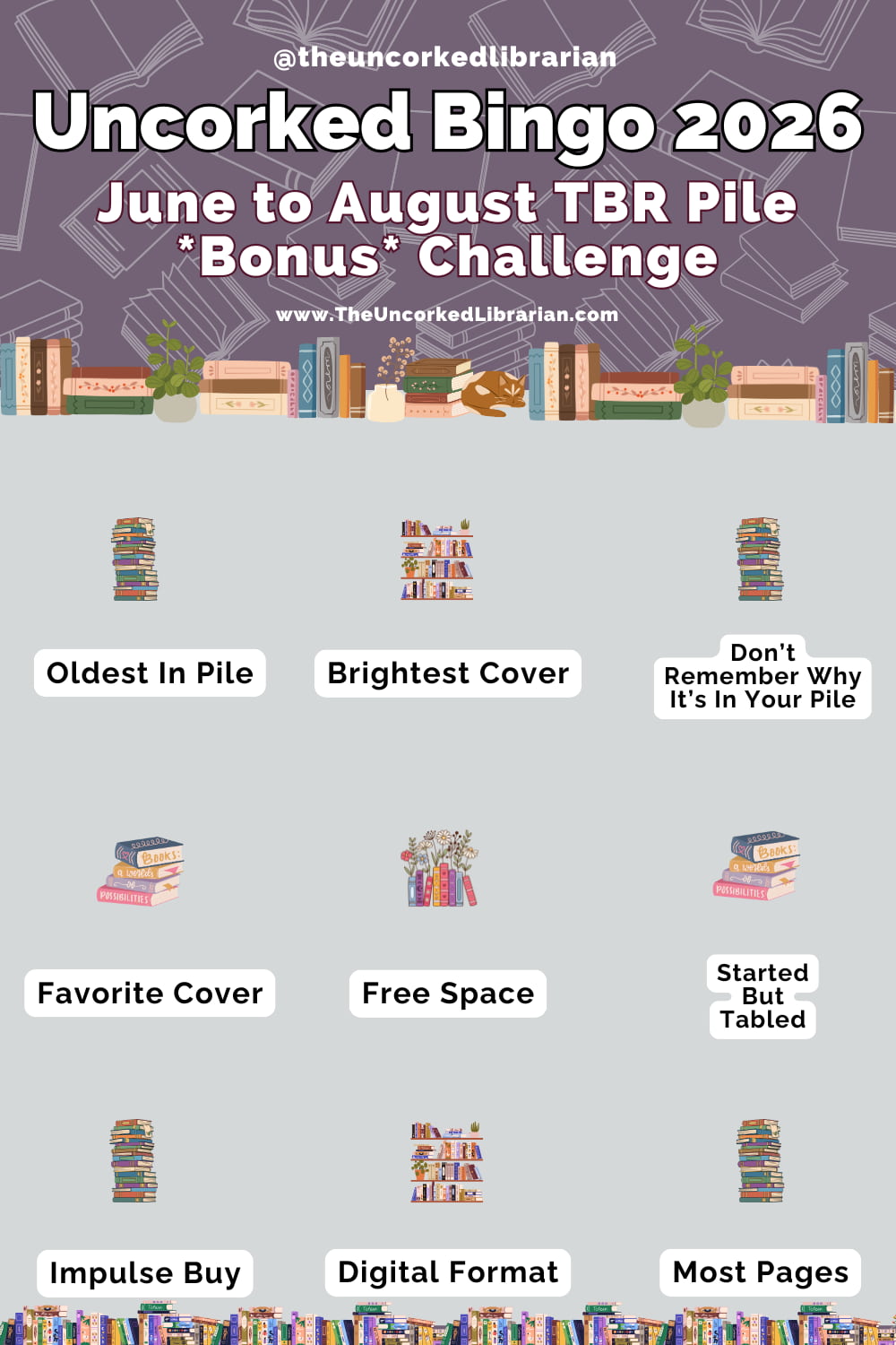 2026 TBR Pile Bonus Uncorked Reading Challenge Bingo card