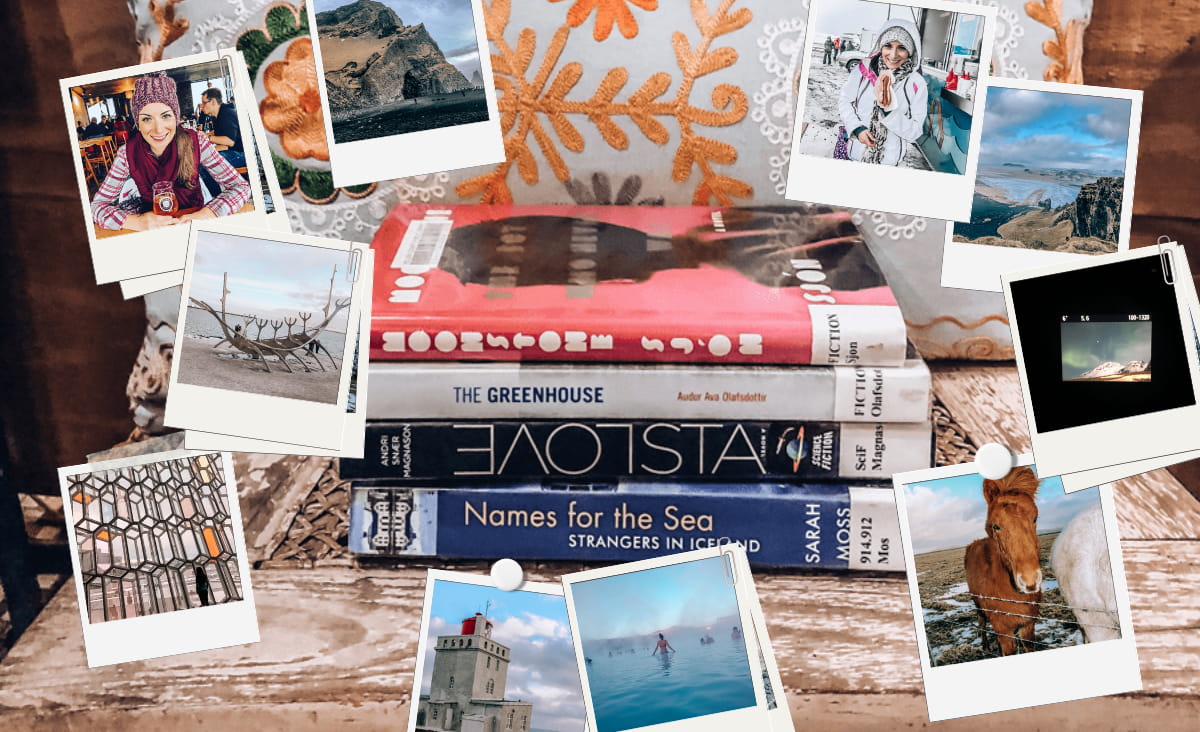 Pile of books Set In Iceland and Iceland photo collage